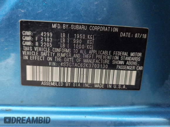 2019 Subaru Impreza Premium with VIN 4S3GTAC62K3703130, listed as a Copart auction lot 51607785 with 67,550 mi miles and Salvage Title. Bid and sale history available at DreamBid. Image 12.