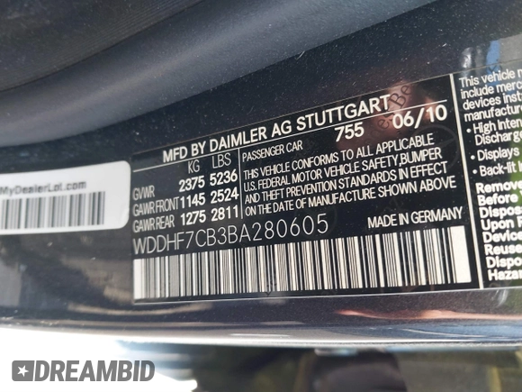 2011 Mercedes-Benz E 550 Luxury with VIN WDDHF7CB3BA280605, listed as a IAAI auction lot 41885900 with 140,696 mi miles and . Bid and sale history available at DreamBid. Image 9.