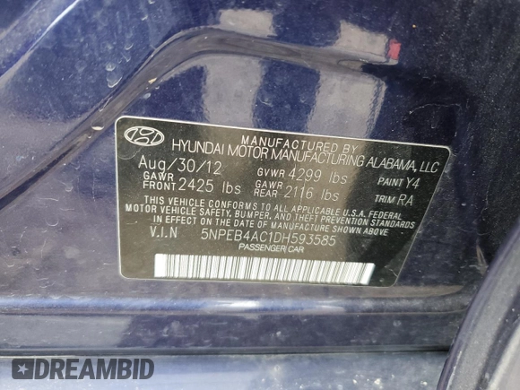 2013 Hyundai Sonata GLS with VIN 5NPEB4AC1DH593585, listed as a Copart auction lot 51829125 with 130,101 mi miles and Salvage Title. Bid and sale history available at carsss.com. Image 12.