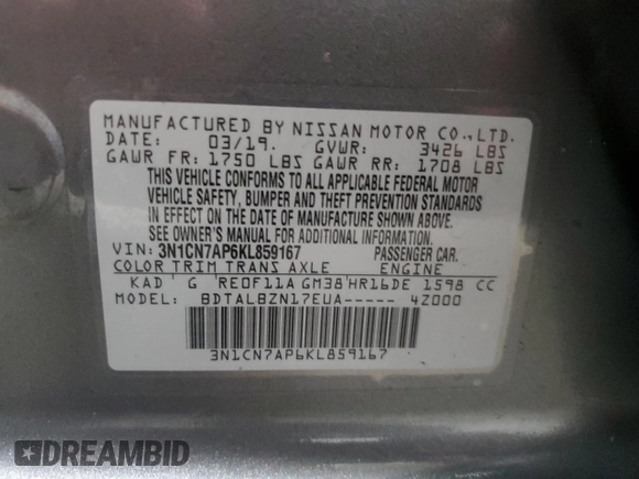 2019 Nissan Versa SV with VIN 3N1CN7AP6KL859167, listed as a Copart auction lot 53779855 with 95,595 mi miles and Clean title. Bid and sale history available at DreamBid. Image 12.