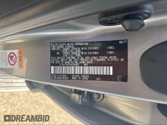 2017 Lexus LX 570 with VIN JTJHY7AX7H4244407, listed as a IAAI auction lot 42095502 with 105,207 mi miles and . Bid and sale history available at DreamBid. Image 9.