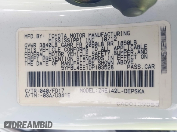 2013 Toyota Corolla L with VIN 5YFBU4EE1DP103528, listed as a IAAI auction lot 42111276 with 212,533 mi miles and . Bid and sale history available at DreamBid. Image 9.