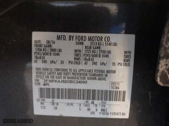 2016 Ford Edge SEL with VIN 2FMPK4J92GBC24095, listed as a IAAI auction lot 41455709 with 88,606 mi miles. Bid and sale history available at carsss.com. Image 9.