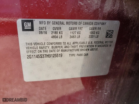 2017 Chevrolet Impala Premier with VIN 2G1145S37H9125519, listed as a Copart auction lot 48022695 with 109,283 mi miles and Salvage Title. Bid and sale history available at carsss.com. Image 12.
