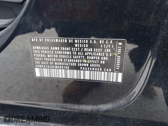 2012 Volkswagen Jetta GLI Autobahn with VIN 3VW5A7AJ0CM065108, listed as a IAAI auction lot 41398932 with 142,441 mi miles and . Bid and sale history available at DreamBid. Image 9.