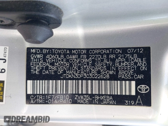 2012 Toyota Prius with VIN JTDKN3DP3C3022628, listed as a IAAI auction lot 42374964 with 103,388 mi miles and . Bid and sale history available at DreamBid. Image 9.