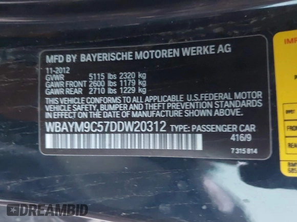 2013 BMW 6 Series 650i with VIN WBAYM9C57DDW20312, listed as a IAAI auction lot 41861212 with 98,662 mi miles and . Bid and sale history available at carsss.com. Image 9.