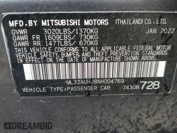 2022 Mitsubishi Mirage ES z VIN ML32AUHJ8NH004769, wystawiony jako Copart lot #49185545 z przebiegiem 82 629 mil mil oraz Szkoda całkowita • Salvage title. Historia ofert i sprzedaży dostępna na DreamBid. Obrazek 12.