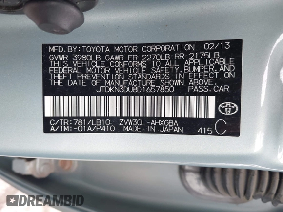 2013 Toyota Prius One with VIN JTDKN3DU8D1657850, listed as a IAAI auction lot 42209001 with 238,243 mi miles and . Bid and sale history available at DreamBid. Image 9.