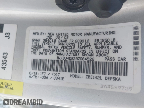 2009 Toyota Corolla with VIN 1NXBU40E29Z064526, listed as a IAAI auction lot 41790965 with 122,578 mi miles. Bid and sale history available at carsss.com. Image 9.