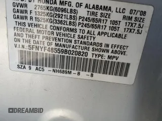 2009 Honda Pilot EX-L with VIN 5FNYF48559B020820, listed as a Copart auction lot 50194345 with 0 mi miles and Salvage Title. Bid and sale history available at carsss.com. Image 16.
