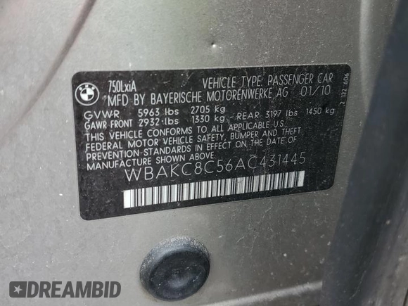 2010 BMW 7 Series 750Li xDrive with VIN WBAKC8C56AC431445, listed as a Copart auction lot 44895215 with 140,663 mi miles and Clean Title. Bid and sale history available at DreamBid. Image 12.
