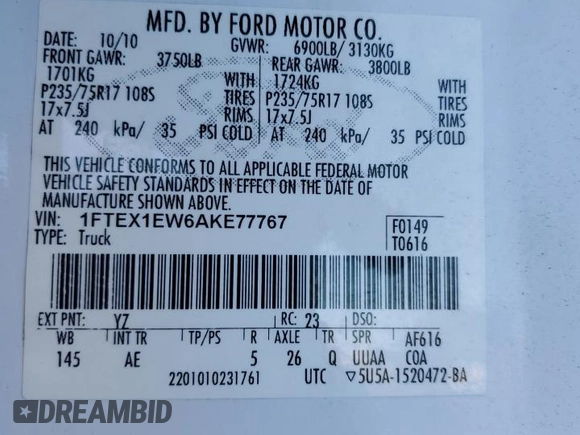 2010 Ford F-150 XL с VIN 1FTEX1EW6AKE77767, выставлен на аукционе Copart как лот 38702614 с пробегом 225 004 миль миль и Списание • Salvage title. История ставок и продаж доступна на DreamBid. Изображение 12.