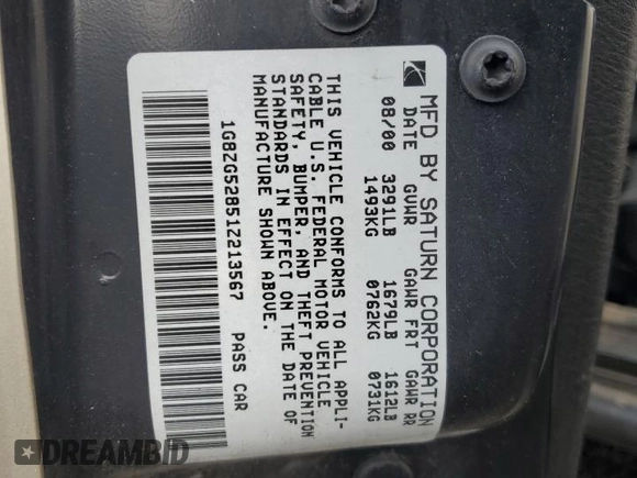 2001 Saturn SL z VIN 1G8ZG52851Z213567, wystawiony jako Copart lot #51795795 z przebiegiem Nie podano mil oraz Szkoda całkowita • Salvage title. Historia ofert i sprzedaży dostępna na DreamBid. Obrazek 12.