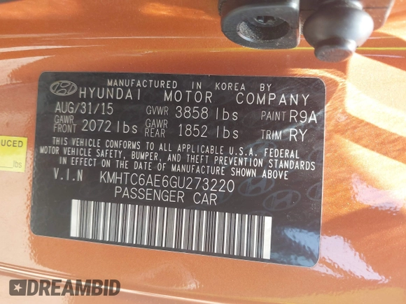 2016 Hyundai Veloster Turbo with VIN KMHTC6AE6GU273220, listed as a IAAI auction lot 42729369 with 103,933 mi miles and . Bid and sale history available at DreamBid. Image 9.