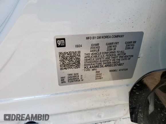2024 Buick Encore GX Sport Touring с VIN KL4AMESL4RB197487, выставлен на аукционе Copart как лот 46664015 с пробегом 6 977 миль миль и Списание • Salvage title. История ставок и продаж доступна на DreamBid. Изображение 13.