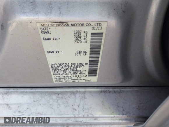 2013 Nissan Altima SV z VIN 1N4BL3AP0DC201162, wystawiony jako IAAI lot #42079925 z przebiegiem Nie podano mil oraz . Historia ofert i sprzedaży dostępna na DreamBid. Obrazek 9.