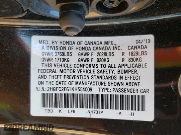 2019 Honda Civic LX with VIN 2HGFC2F61KH554009, listed as a Copart auction lot 55320525 with 63,176 mi miles and Salvage Title. Bid and sale history available at DreamBid. Image 13.