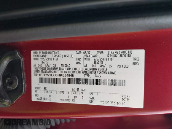 2017 Ford F-150 XL with VIN 1FTEW1EG3HKE34848, listed as a IAAI auction lot 42490755 with 154,708 mi miles and . Bid and sale history available at DreamBid. Image 9.