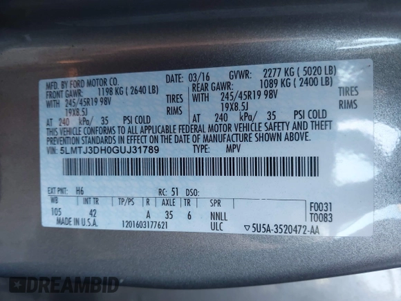 2016 Lincoln MKC Reserve with VIN 5LMTJ3DH0GUJ31789, listed as a IAAI auction lot 41190967 with 92,696 mi miles and . Bid and sale history available at DreamBid. Image 9.