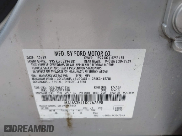 2019 Ford EcoSport Titanium with VIN MAJ6S3KL1KC267698, listed as a IAAI auction lot 41502722 with 83,673 mi miles and . Bid and sale history available at DreamBid. Image 9.