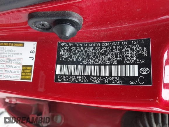2015 Toyota Prius Four with VIN JTDKN3DUXF0432788, listed as a IAAI auction lot 41731133 with 113,356 mi miles. Bid and sale history available at carsss.com. Image 9.