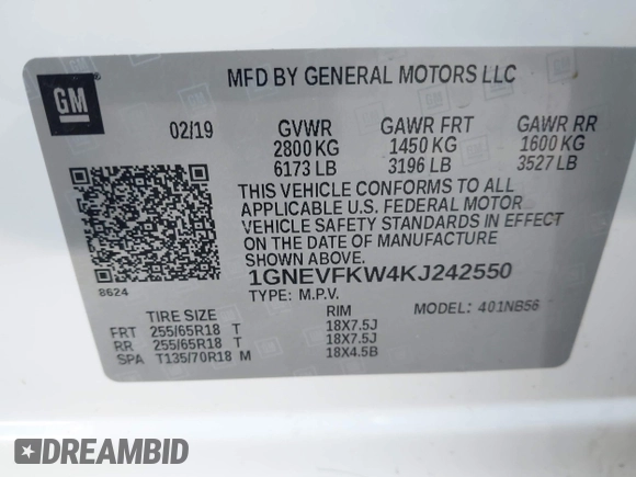 2019 Chevrolet Traverse LS with VIN 1GNEVFKW4KJ242550, listed as a IAAI auction lot 41150105 with 139,480 mi miles. Bid and sale history available at carsss.com. Image 9.