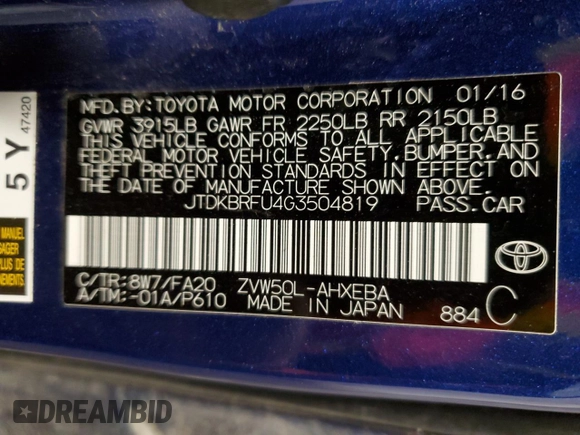 2016 Toyota Prius Two with VIN JTDKBRFU4G3504819, listed as a Copart auction lot 57327865 with 212,162 mi miles and Non Repairable. Bid and sale history available at DreamBid. Image 13.