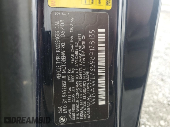 2008 BMW 3 Series 335i with VIN WBAWL73598P178135, listed as a Copart auction lot 50607165 with 121,091 mi miles and Salvage title. Bid and sale history available at DreamBid. Image 14.