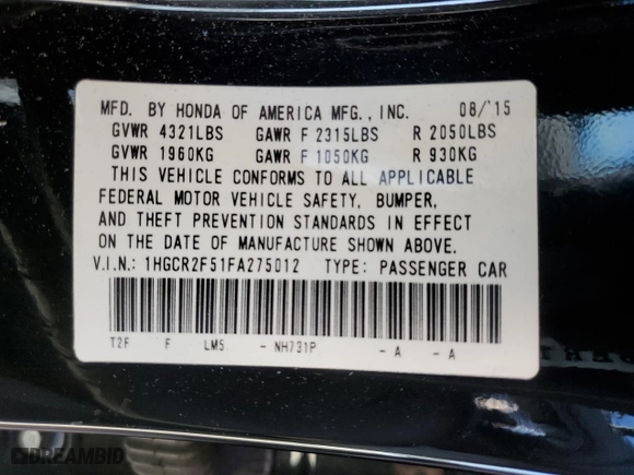 2015 Honda Accord Sedan Sport with VIN 1HGCR2F51FA275012, listed as a Copart auction lot 50627055 with 82,755 mi miles and Salvage Title. Bid and sale history available at carsss.com. Image 12.