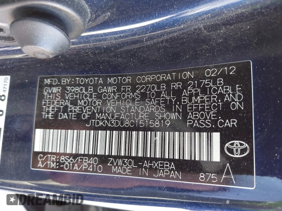 2012 Toyota Prius One z VIN JTDKN3DU8C1515819, wystawiony jako IAAI lot #42472265 z przebiegiem Nie podano mil oraz . Historia ofert i sprzedaży dostępna na DreamBid. Obrazek 9.
