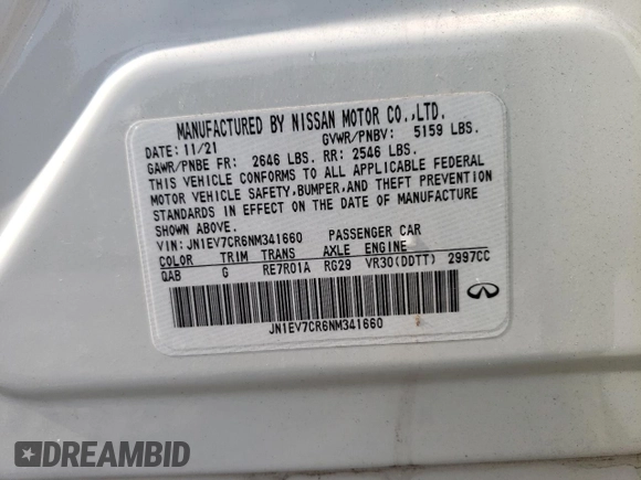 2022 Infiniti Q50 Sensory with VIN JN1EV7CR6NM341660, listed as a Copart auction lot 59622755 with 32,466 mi miles and Salvage title. Bid and sale history available at DreamBid. Image 13.