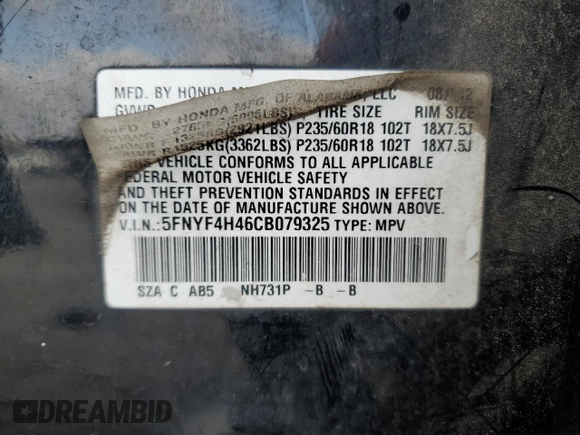 2012 Honda Pilot EX with VIN 5FNYF4H46CB079325, listed as a Copart auction lot 43369735 with 220,522 mi miles and Salvage Title. Bid and sale history available at DreamBid. Image 15.