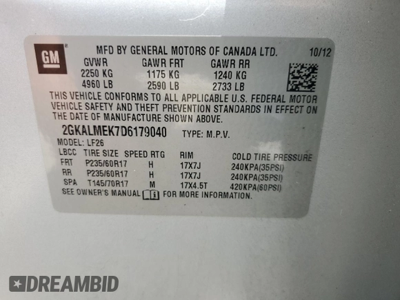 2013 GMC Terrain SLE z VIN 2GKALMEK7D6179040, wystawiony jako Copart lot #60856325 z przebiegiem 79 948 mil mil oraz Czysty tytuł • Clean title. Historia ofert i sprzedaży dostępna na DreamBid. Obrazek 12.