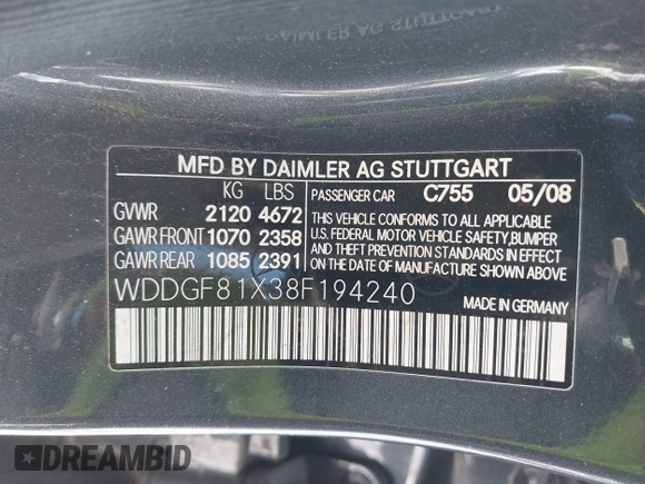2008 Mercedes-Benz C 300 Sport with VIN WDDGF81X38F194240, listed as a IAAI auction lot 41355340 with Not Provided miles and . Bid and sale history available at DreamBid. Image 9.