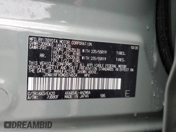 2021 Toyota RAV4 XLE Premium with VIN JTMA1RFV0MD074834, listed as a Copart auction lot 58466965 with 71,623 mi miles and Salvage title. Bid and sale history available at DreamBid. Image 12.