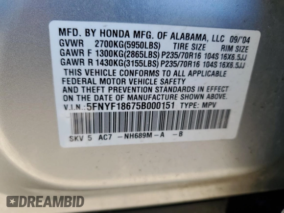 2005 Honda Pilot EX-L with VIN 5FNYF18675B000151, listed as a Copart auction lot 54762145 with 154,082 mi miles and Salvage Title. Bid and sale history available at DreamBid. Image 13.