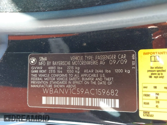 2010 BMW 5 Series 528i xDrive with VIN WBANV1C59AC159682, listed as a IAAI auction lot 41676268 with 104,048 mi miles and . Bid and sale history available at carsss.com. Image 9.