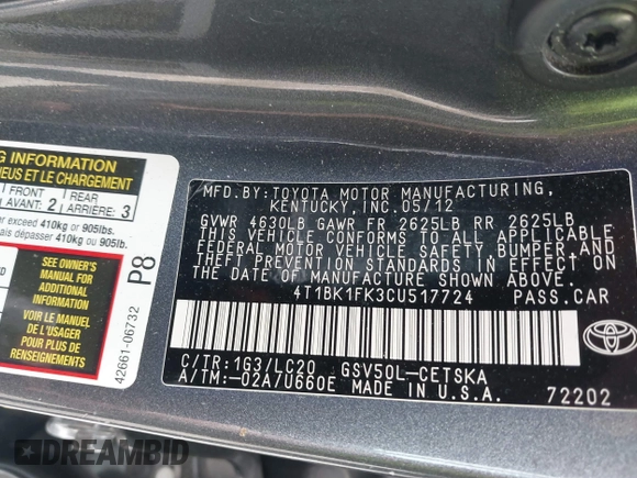 2012 Toyota Camry SE with VIN 4T1BK1FK3CU517724, listed as a IAAI auction lot 41863249 with 580,000 mi miles. Bid and sale history available at carsss.com. Image 9.