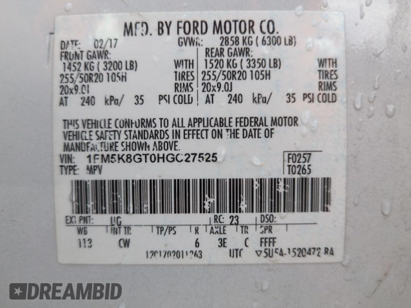 2017 Ford Explorer Sport с VIN 1FM5K8GT0HGC27525, выставлен на аукционе Copart как лот 61778735 с пробегом 177 423 миль миль и Списание • Salvage title. История ставок и продаж доступна на DreamBid. Изображение 14.