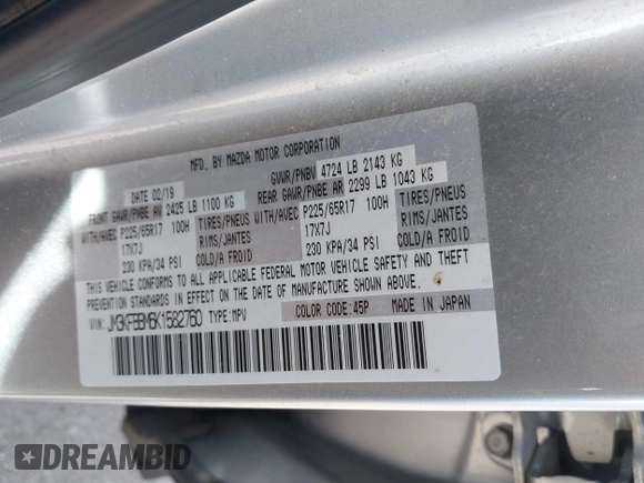 2019 Mazda CX-5 Sport with VIN JM3KFBBM6K1582760, listed as a IAAI auction lot 41822152 with 60,620 mi miles and . Bid and sale history available at DreamBid. Image 9.