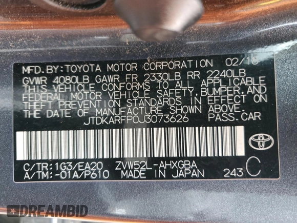 2018 Toyota Prius Plus with VIN JTDKARFP0J3073626, listed as a Copart auction lot 52415995 with 49,276 mi miles and Salvage Title. Bid and sale history available at DreamBid. Image 12.