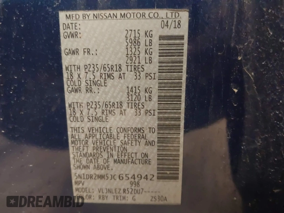 2018 Nissan Pathfinder SL with VIN 5N1DR2MM5JC654942, listed as a IAAI auction lot 41948588 with 86,490 mi miles and . Bid and sale history available at DreamBid. Image 9.