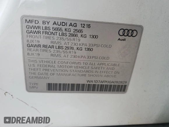 2016 Audi Q5 Premium Plus with VIN WA1D7AFP0GA092829, listed as a Copart auction lot 58058645 with 38,151 mi miles and Salvage title. Bid and sale history available at DreamBid. Image 13.