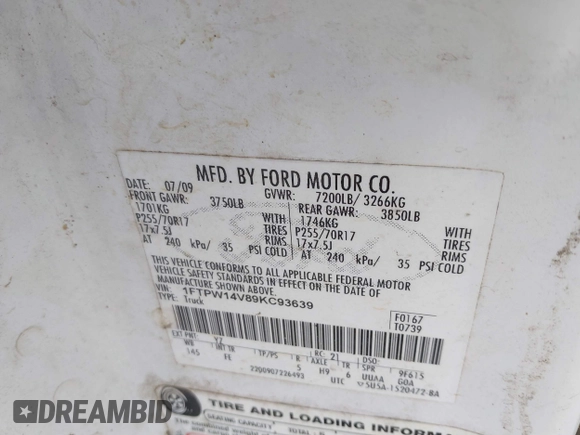 2009 Ford F-150 XL с VIN 1FTPW14V89KC93639, выставлен на аукционе IAAI как лот 40553337 с пробегом 229 717 миль миль и . История ставок и продаж доступна на DreamBid. Изображение 9.