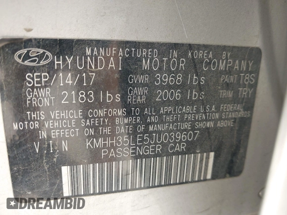 2018 Hyundai Elantra with VIN KMHH35LE5JU039607, listed as a IAAI auction lot 42175922 with 89,853 mi miles and . Bid and sale history available at DreamBid. Image 9.