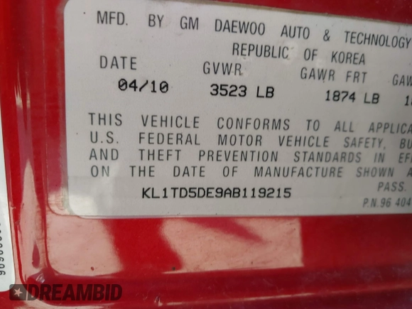 2010 Chevrolet Aveo 1LT with VIN KL1TD5DE9AB119215, listed as a IAAI auction lot 41789265 with 157,438 mi miles and . Bid and sale history available at DreamBid. Image 9.