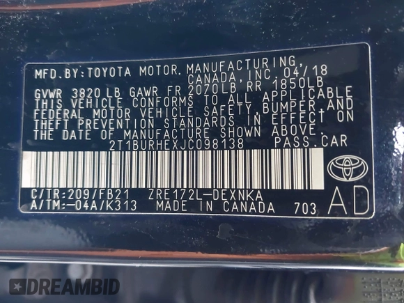 2018 Toyota Corolla L z VIN 2T1BURHEXJC098138, wystawiony jako IAAI lot #41935621 z przebiegiem 103 937 mil mil oraz . Historia ofert i sprzedaży dostępna na DreamBid. Obrazek 9.