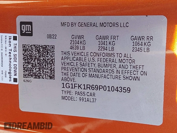 2023 Chevrolet Camaro ZL1 z VIN 1G1FK1R69P0104359, wystawiony jako IAAI lot #42124070 z przebiegiem 20 934 mil mil oraz . Historia ofert i sprzedaży dostępna na DreamBid. Obrazek 9.