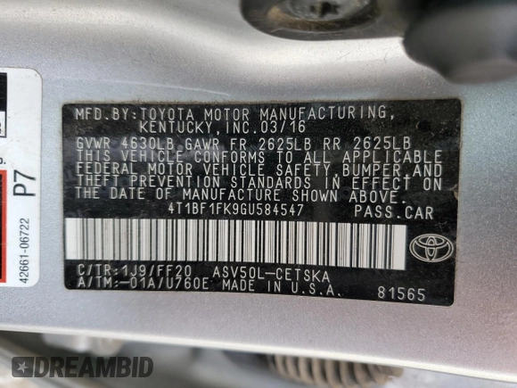 2016 Toyota Camry XLE with VIN 4T1BF1FK9GU584547, listed as a Copart auction lot 55485035 with 224,363 mi miles and Clean Title. Bid and sale history available at DreamBid. Image 12.